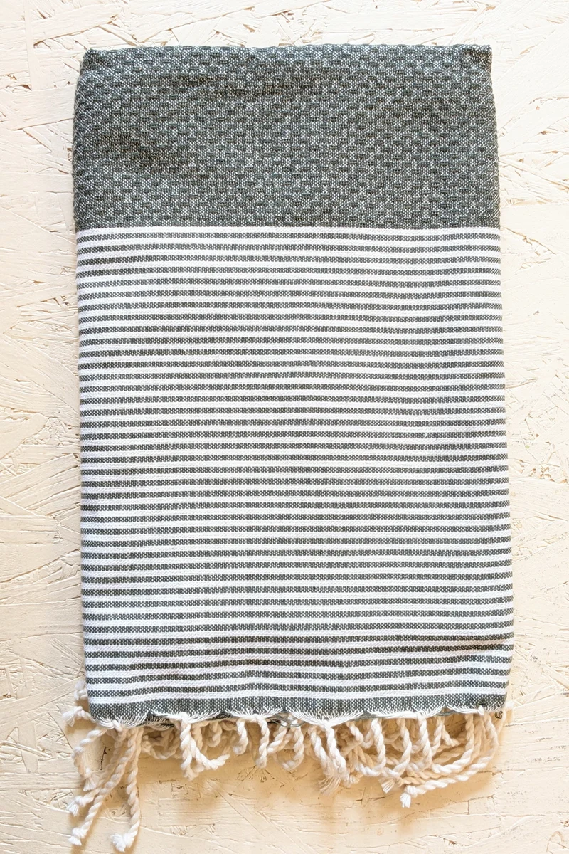 Hamam Blanket dark olive honeycomb striped