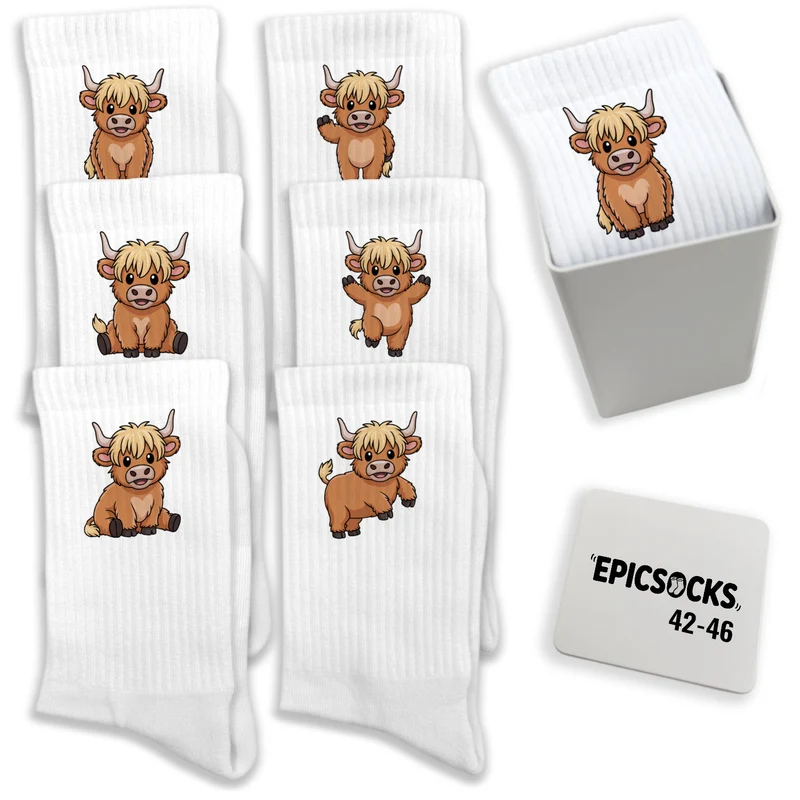 epicsocks Highland Cow Charme Socken in 37-41 im 6er Set in Geschenkdose im 6er Set in Geschenkbox