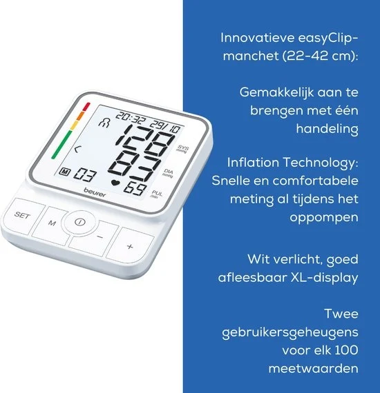 Beurer BM 51 Comfort Bloeddrukmeter bovenarm - EasyClip manchet 22-42 cm - Met 1 hand aan te brengen