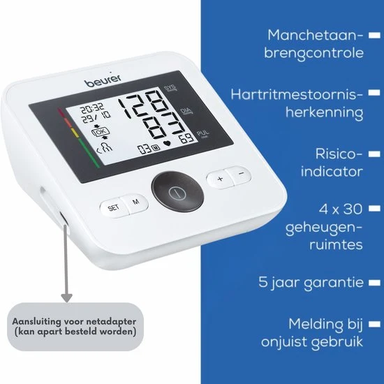 Beurer BM 27+ Bloeddrukmeter bovenarm – Netstroom & batterij – Aanbevolen door Hartstichting – Onregelmatige hartslag – Risico-indicator – Manchet-aanbreng controle – Manchet 22-42 cm