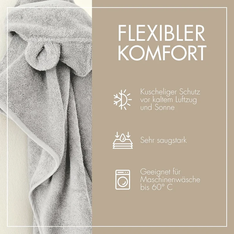 Baby Badeponcho 75x75 cm – „Grau“ mit niedlichen Bärenohren
