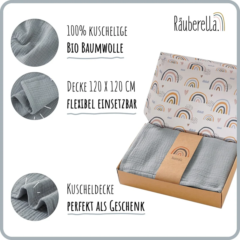 Musselin Babydecke 120x120 cm – Baumwolle, weich & atmungsaktiv Grau-Blau