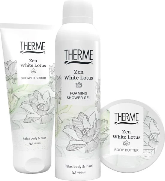 Therme Zen White Lotus Foaming Shower Gel + Shower Scrub + Body Butter Geschenkset