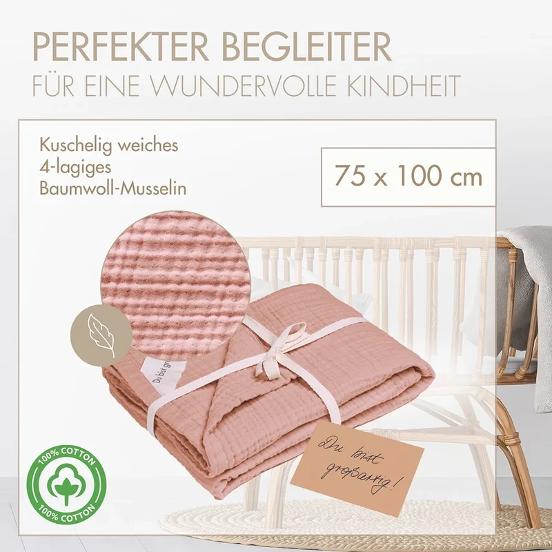 Musselin Decke 100 cm x 75 cm zartes Rosenholz