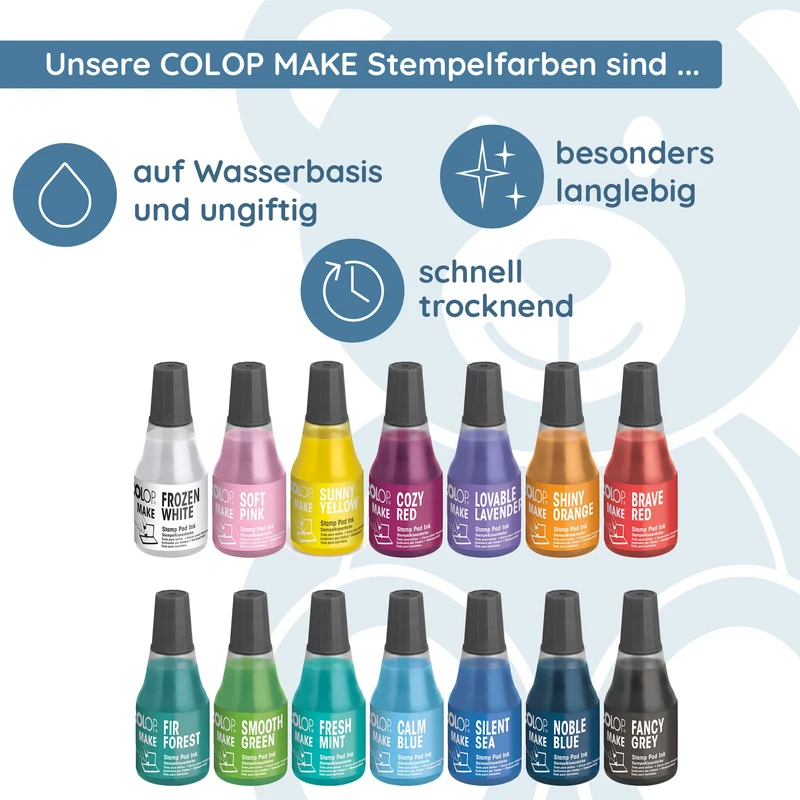 Nachfülltinte für Colop MAKE Stempelkissen – Nachtränkfläschchen in 14 Farben
