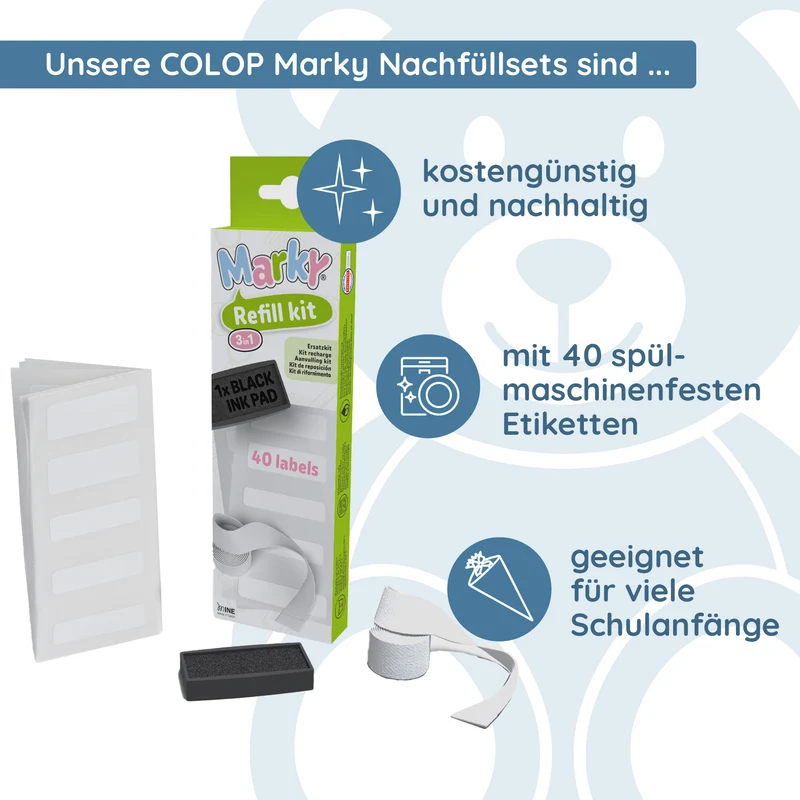 Colop Marky Nachfüllset – Stempelkissen schwarz, Aufbügelband & 40 Etiket