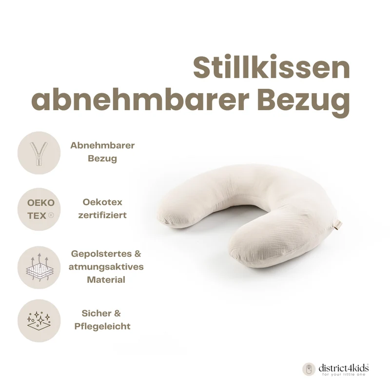 Stillkissen U-Form Musselin abnehmbaren Bezug – ergonomisch, Oeko-Tex, Halbmond