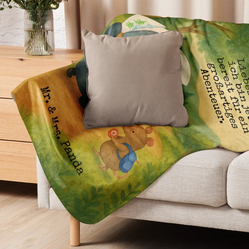 Sherpa Kuscheldecke Pinguin & Maus Wanderer Design