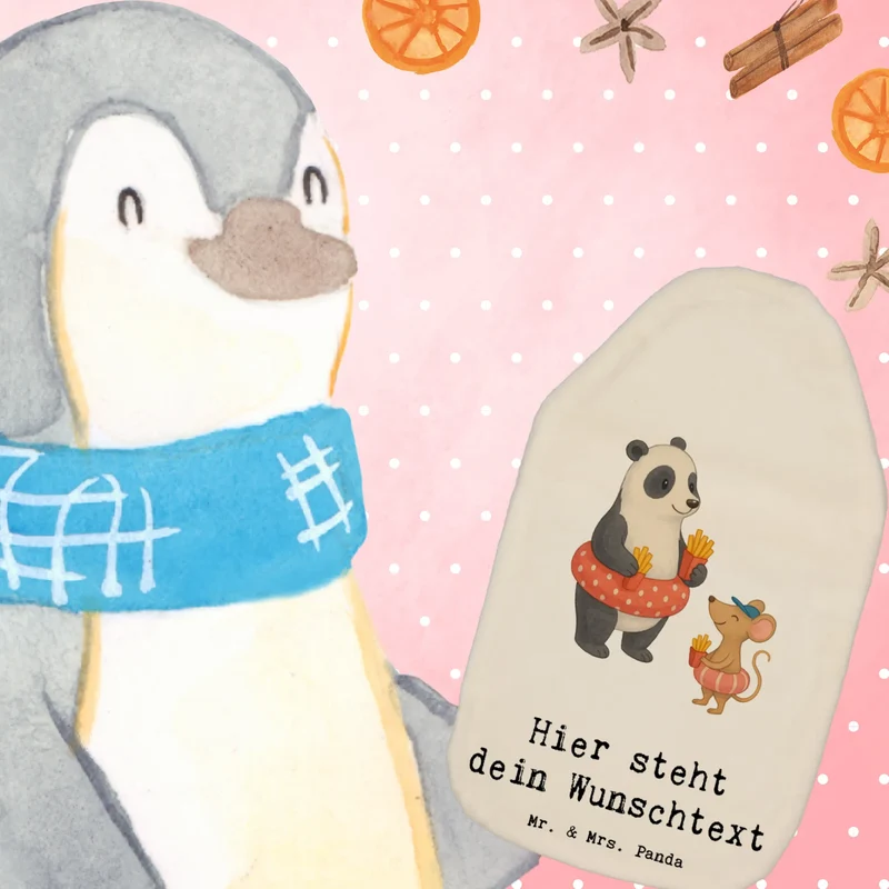 Personalisierte Wärmflasche Panda Schwimmbad Pommes
