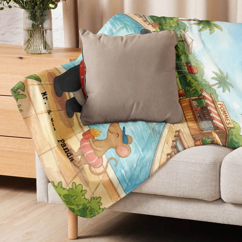 Sherpa Kuscheldecke Panda Schwimmbad Pommes Design