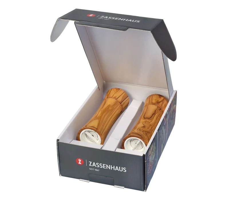 Zassenhaus FRANKFURT Olivenholz, Peffermühle & Salzmühle mit Untersetzer - #023046