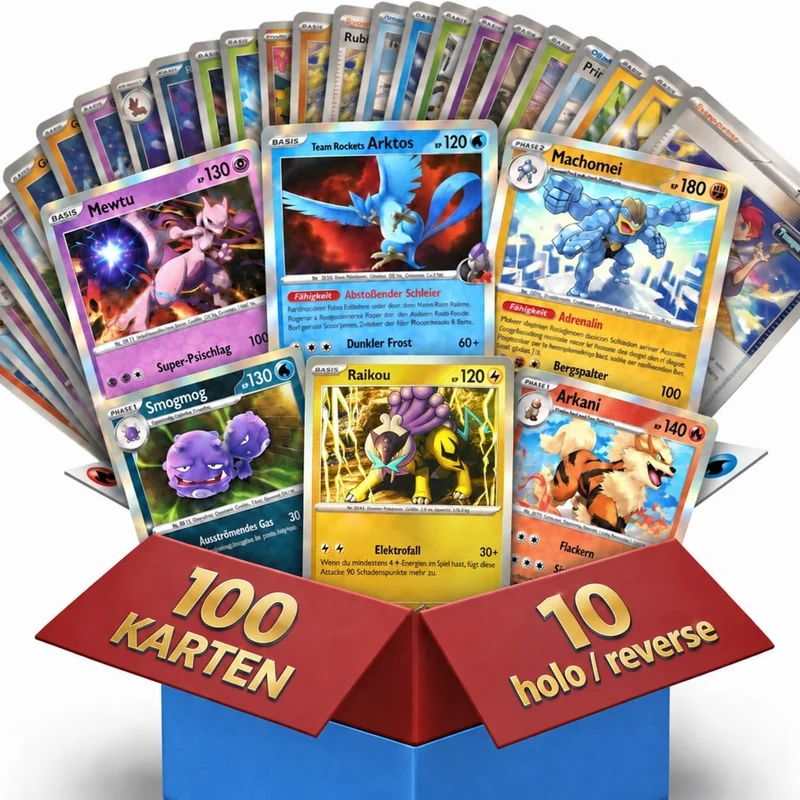 100 x Pokémon Karten Deutsch - 10 Glitzernde Garantiert, Holo und Reverse Holo + 90 Normale