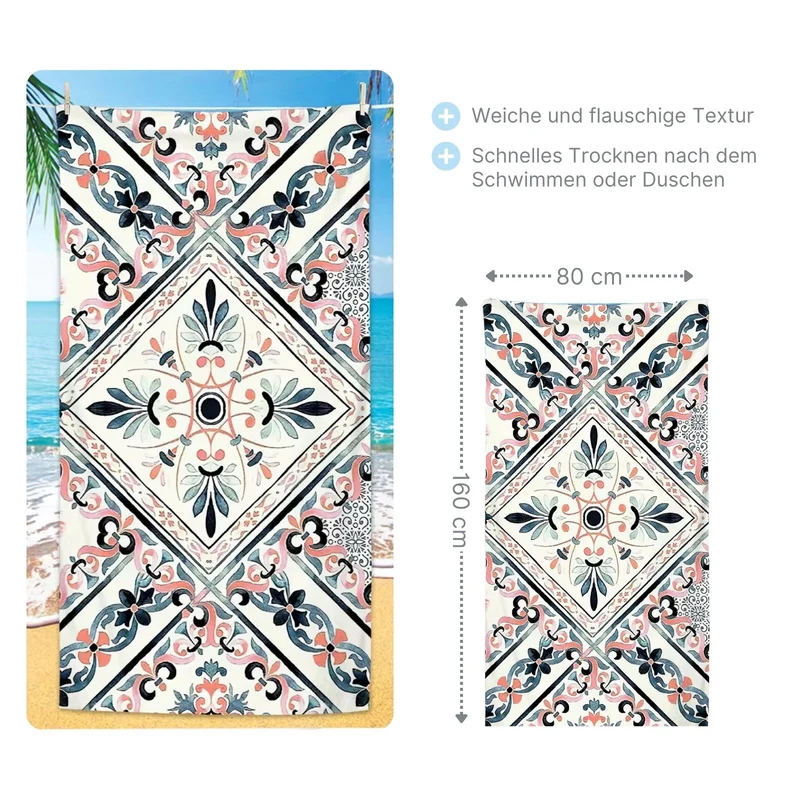 Strandtuch mediterrane Kachel Badetuch Strandlaken Liegetuch Handtuch