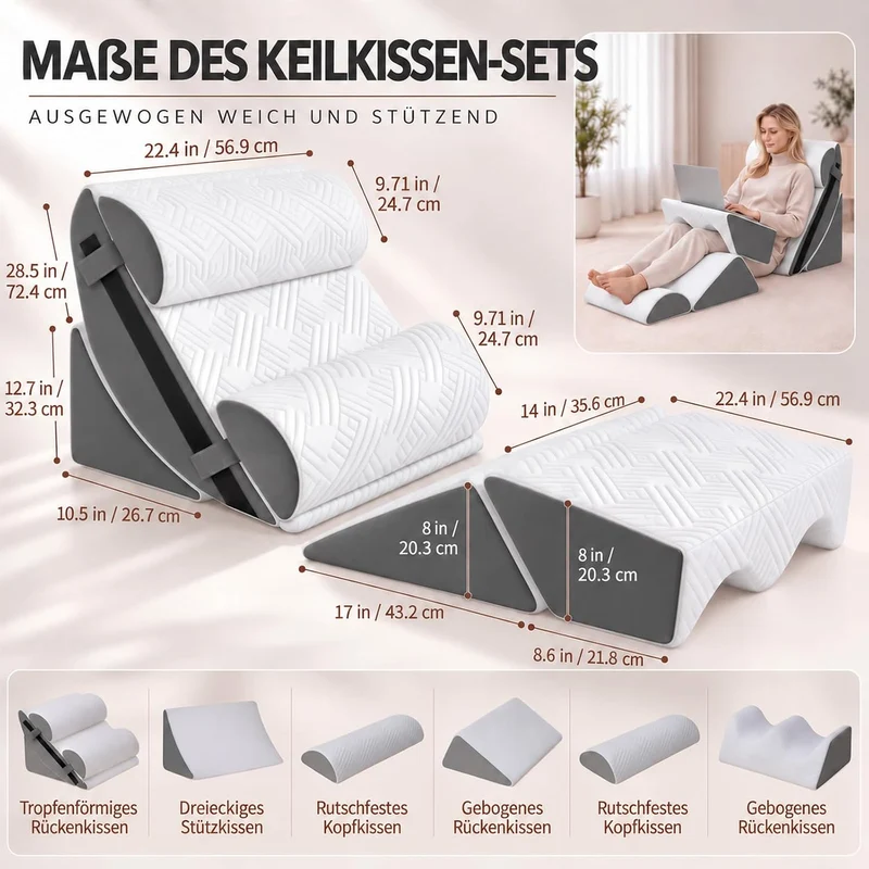 Orthopädisches Keilkissen- 6pcs Verstellbares Lesekissen - Rücken Nacken Beine
