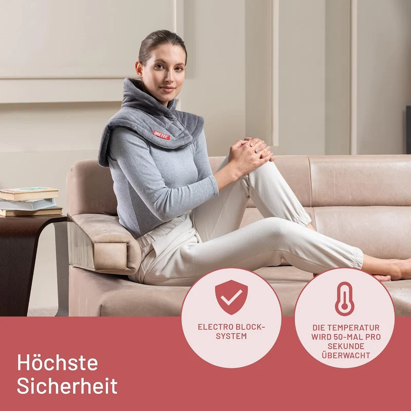 Heizkissen für Hals und Schultern, Wärmekissen 47 x 52 cm, antiallergischer Stoff, 5 Temperaturen, Electro-Block-Sicherheitssystem, schnelles Erhitzen, maschinenwaschbar