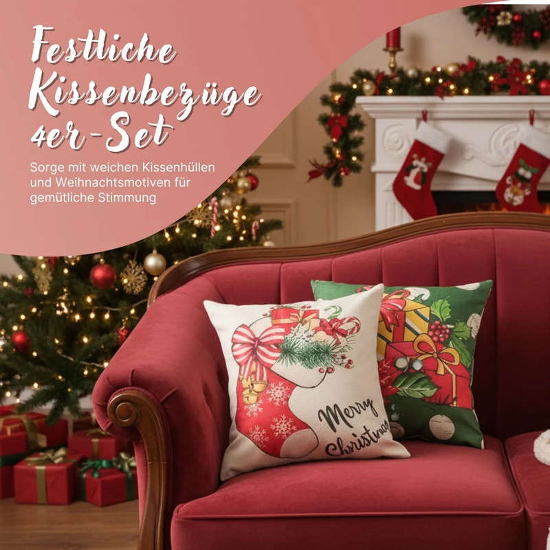 4er-Set Weihnachts-Kissenbezug Dekokissen-Bezug Kissenhülle Zier-Bezug