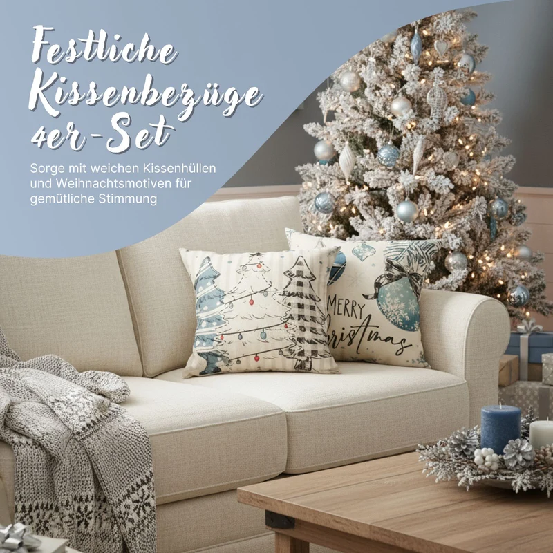 4er-Set Weihnachts-Kissenbezug Zier-Bezug Kissenhülle Dekokissen-Bezug