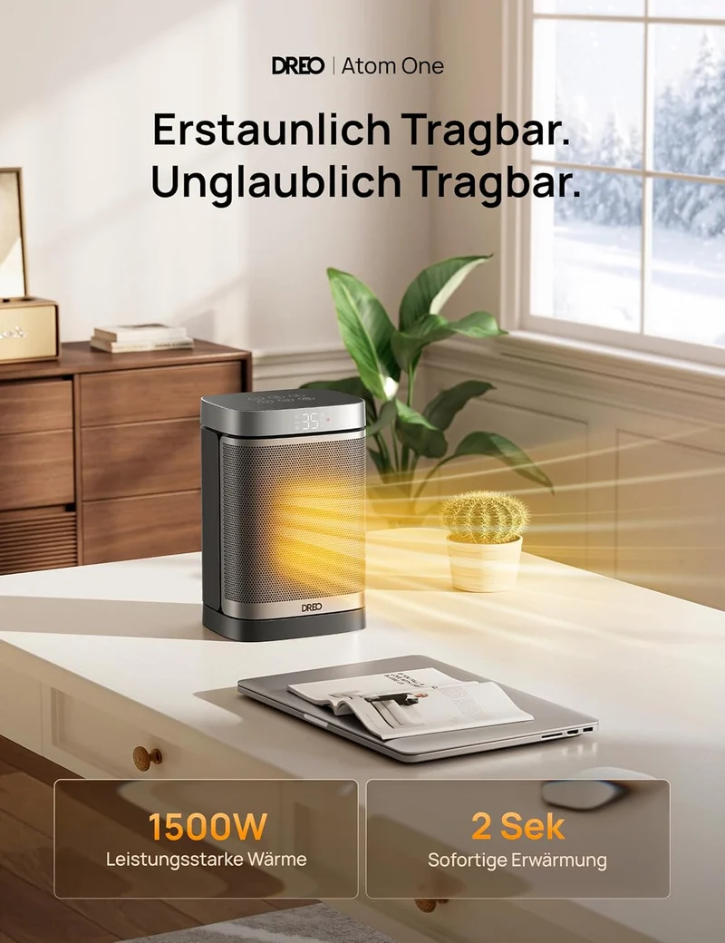 Heizlüfter Energiesparend Klein, 1500W Heizung Elektrisch mit Thermostat, 70° Oszillierend Elektroheizung, PTC Keramik Heizlüfter Leise, ECO-Modus, 12-Std-Timer, Überhitzungs- & Kippschutz