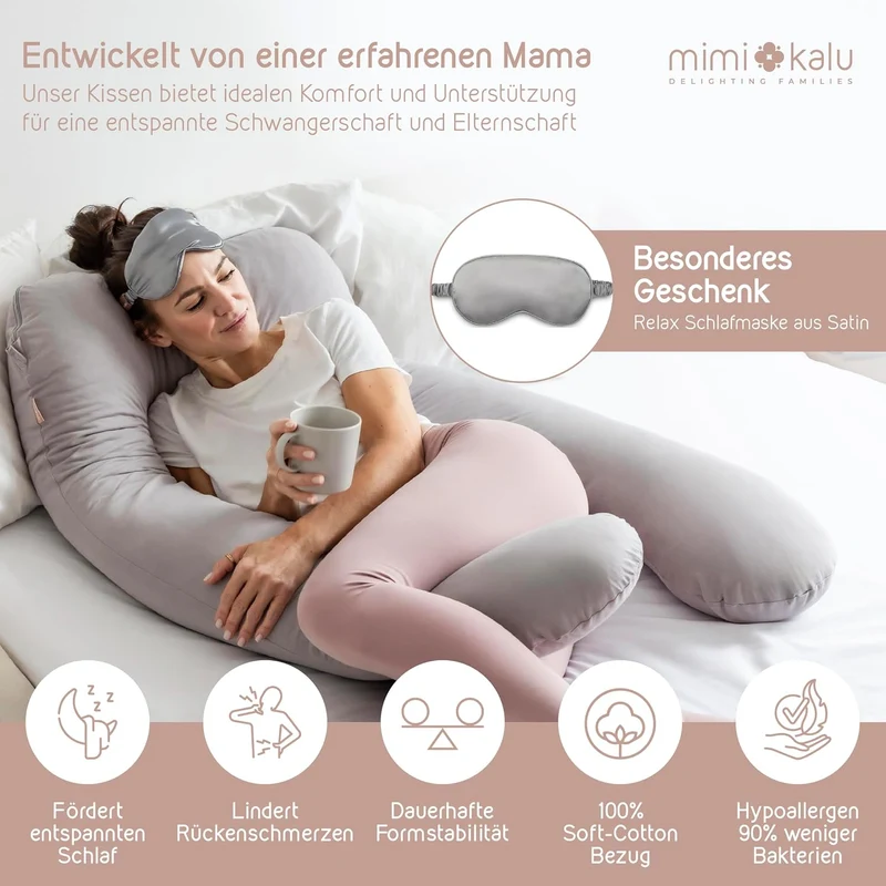 Seitenschläferkissen mit Memory Foam Füllung Individuell Anpassbar, Inkl. 100% Soft Cotton Bezug & Schlafmaske, Schwangerschaftskissen, Stillkissen, Kuschelkissen für Seitenschläfer