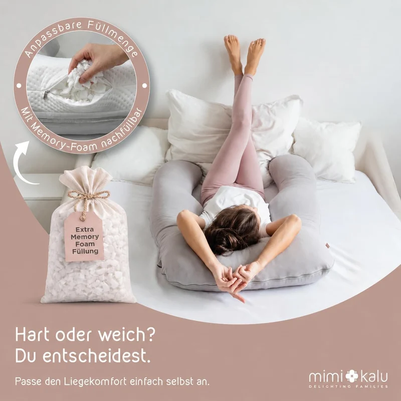 Seitenschläferkissen mit Memory Foam Füllung Individuell Anpassbar, Inkl. 100% Soft Cotton Bezug & Schlafmaske, Schwangerschaftskissen, Stillkissen, Kuschelkissen für Seitenschläfer