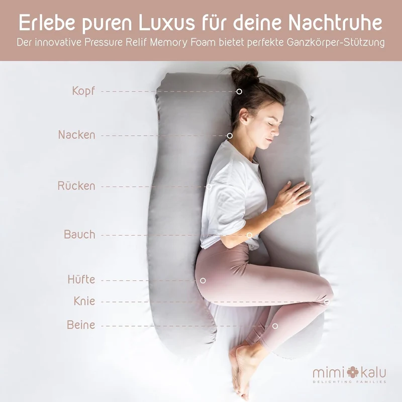 Seitenschläferkissen mit Memory Foam Füllung Individuell Anpassbar, Inkl. 100% Soft Cotton Bezug & Schlafmaske, Schwangerschaftskissen, Stillkissen, Kuschelkissen für Seitenschläfer