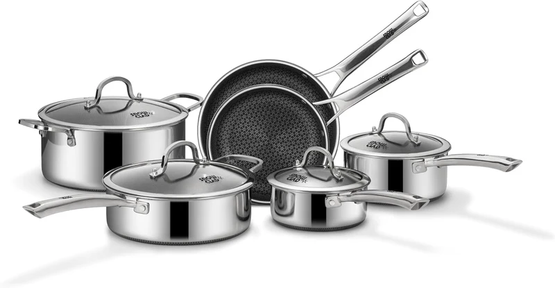 Topfset Edelstahl 10-teilig, Induktions Töpfe Set mit Antihaft, 20&24cm Bratpfanne, 1,5&2,5L Stielkasserolle, 5,8L Kochtopf, 2,8L Sautepfanne, Topfset für Alle Herdarten, Ofen & Spülmaschinengeeignet