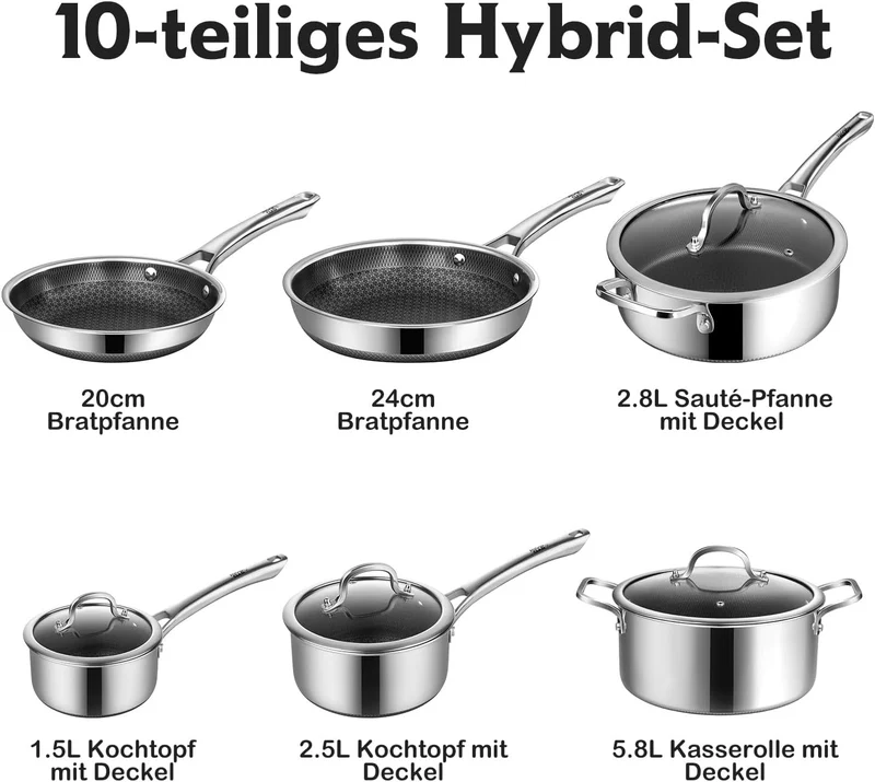 Topfset Edelstahl 10-teilig, Induktions Töpfe Set mit Antihaft, 20&24cm Bratpfanne, 1,5&2,5L Stielkasserolle, 5,8L Kochtopf, 2,8L Sautepfanne, Topfset für Alle Herdarten, Ofen & Spülmaschinengeeignet