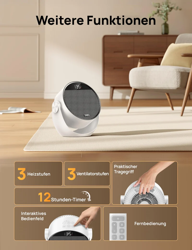 Heizlüfter Energiesparend Klein, Leiser 1500W Tragbar Heizlüfter mit Fernbedienung, Thermostat, 60° Neigbar, 8 Sicherheitsfunktionen, PTC-Keramik,12-Std-Timer, 3 Modus 3 Geschwindigkeit, Schwarz