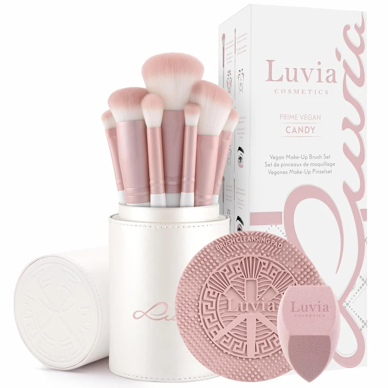 Make-up Pinselset 10-teilig | 7 vegane Schminkpinsel + veganes Leder-Etui, Reinigungsmatte & Blender-Schwamm | Prime Vegan Complete | Für Foundation, Puder & Augen | Candy Rosa/Perlmutt