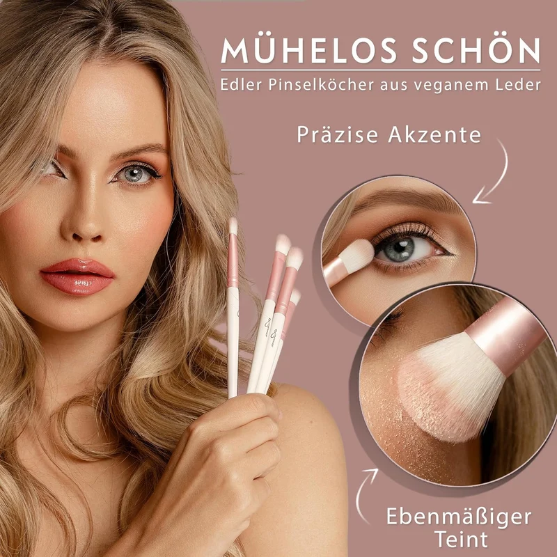 Make-up Pinselset 10-teilig | 7 vegane Schminkpinsel + veganes Leder-Etui, Reinigungsmatte & Blender-Schwamm | Prime Vegan Complete | Für Foundation, Puder & Augen | Candy Rosa/Perlmutt