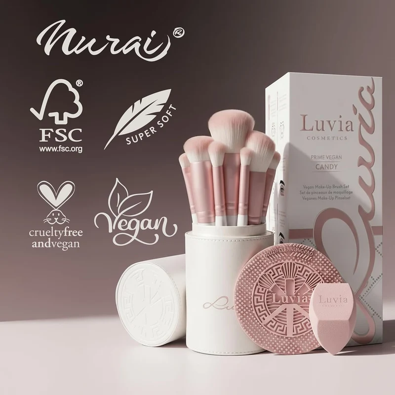 Make-up Pinselset 10-teilig | 7 vegane Schminkpinsel + veganes Leder-Etui, Reinigungsmatte & Blender-Schwamm | Prime Vegan Complete | Für Foundation, Puder & Augen | Candy Rosa/Perlmutt