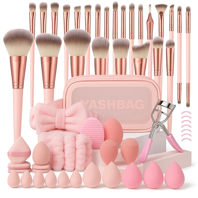 61-teiliges Make-Up Pinselset mit Schwämmen & Tasche – Schminkpinsel für Foundation, Puder & Augen – inkl. Wimpernzange