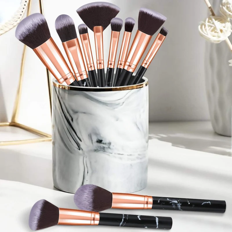 Pinselset Makeup Start Makers 10 Stück Professionelle Make Up Pinsel Set Schwarzer Marmor Kosmetik Pinselset Puder Foundation Lidschatten Concealer Eyeshadow Schmink Pinsel (A)