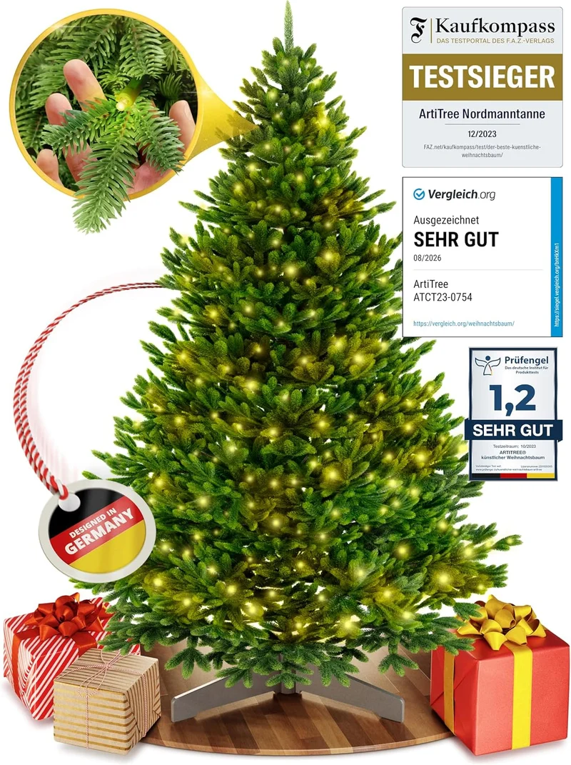 Künstlicher Weihnachtsbaum – 100 % Spritzguss Nordfichte mit LED | Premium Tannenbaum naturgetreu inkl. FSC-Holzständer & Aufbewahrungstasche