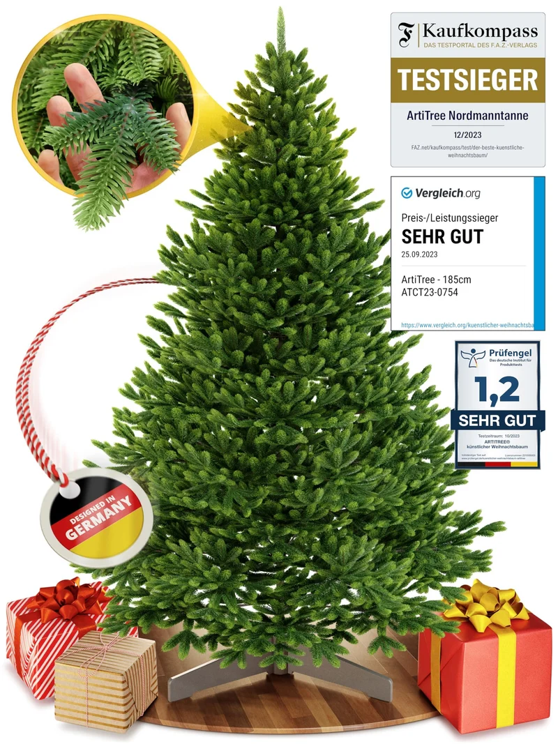 Künstlicher Weihnachtsbaum – 100 % Spritzguss Nordfichte mit LED | Premium Tannenbaum naturgetreu inkl. FSC-Holzständer & Aufbewahrungstasche