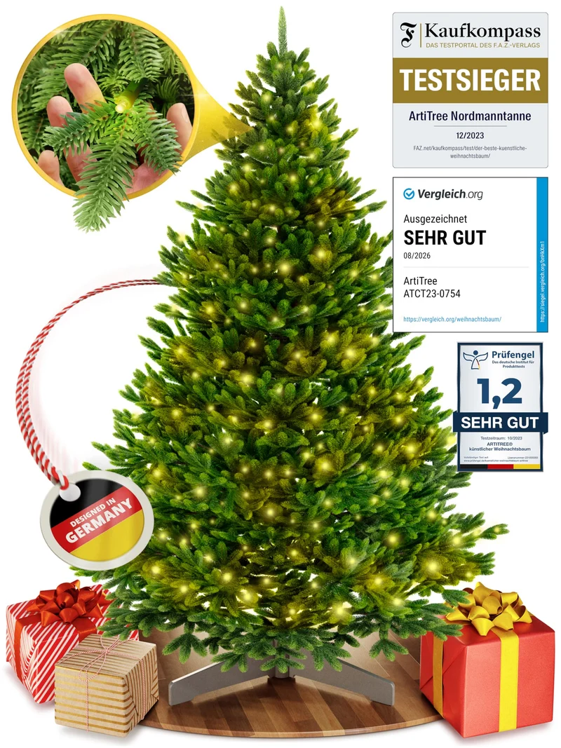 Künstlicher Weihnachtsbaum – 100 % Spritzguss Nordfichte mit LED | Premium Tannenbaum naturgetreu inkl. FSC-Holzständer & Aufbewahrungstasche