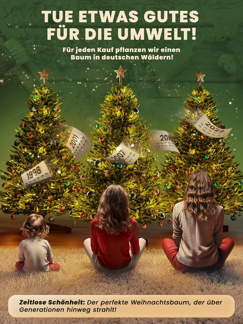 Künstlicher Weihnachtsbaum – 100 % Spritzguss Nordfichte mit LED | Premium Tannenbaum naturgetreu inkl. FSC-Holzständer & Aufbewahrungstasche
