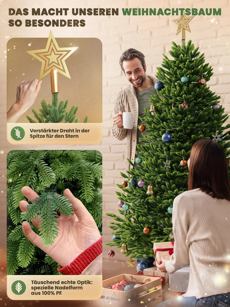 Künstlicher Weihnachtsbaum – 100 % Spritzguss Nordfichte mit LED | Premium Tannenbaum naturgetreu inkl. FSC-Holzständer & Aufbewahrungstasche