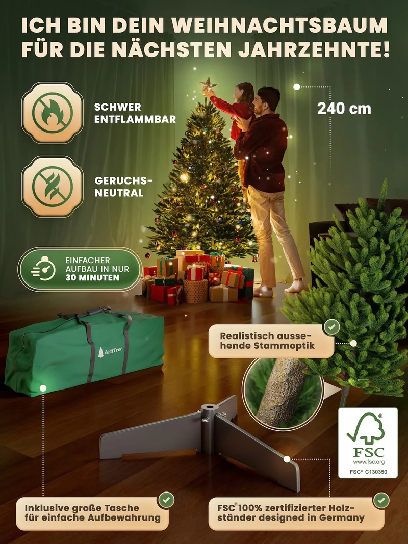 Künstlicher Weihnachtsbaum – 100 % Spritzguss Nordfichte mit LED | Premium Tannenbaum naturgetreu inkl. FSC-Holzständer & Aufbewahrungstasche