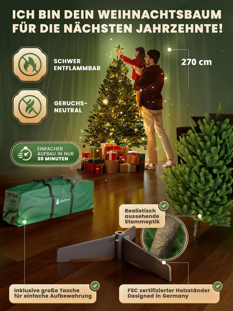 Künstlicher Weihnachtsbaum – 100 % Spritzguss Nordfichte mit LED | Premium Tannenbaum naturgetreu inkl. FSC-Holzständer & Aufbewahrungstasche