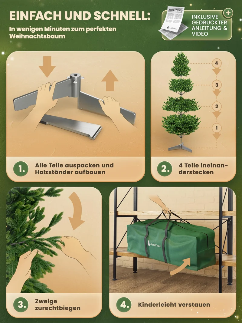 Künstlicher Weihnachtsbaum – 100 % Spritzguss Nordfichte mit LED | Premium Tannenbaum naturgetreu inkl. FSC-Holzständer & Aufbewahrungstasche