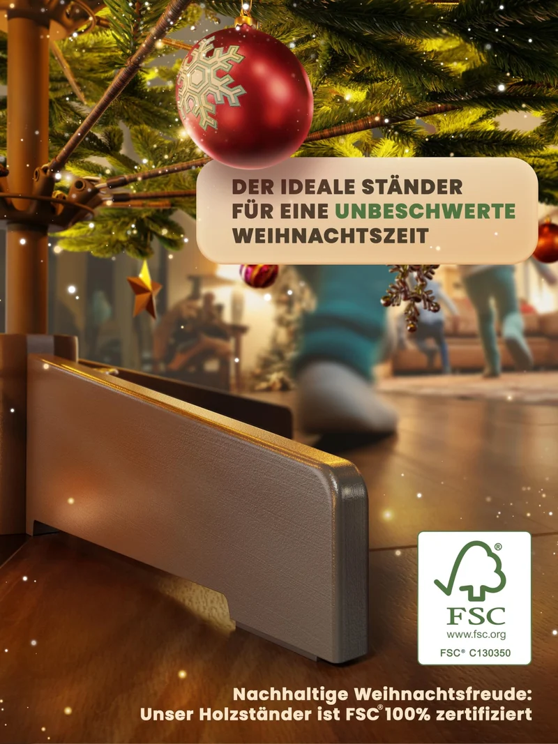 Künstlicher Weihnachtsbaum – 100 % Spritzguss Nordfichte mit LED | Premium Tannenbaum naturgetreu inkl. FSC-Holzständer & Aufbewahrungstasche
