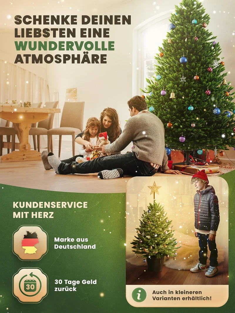 Künstlicher Weihnachtsbaum – 100 % Spritzguss Nordfichte mit LED | Premium Tannenbaum naturgetreu inkl. FSC-Holzständer & Aufbewahrungstasche