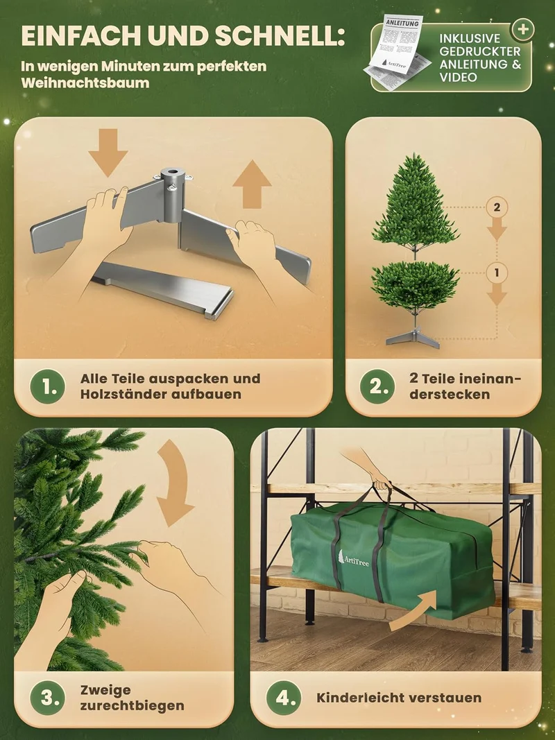 Künstlicher Weihnachtsbaum – 100 % Spritzguss Nordfichte mit LED | Premium Tannenbaum naturgetreu inkl. FSC-Holzständer & Aufbewahrungstasche