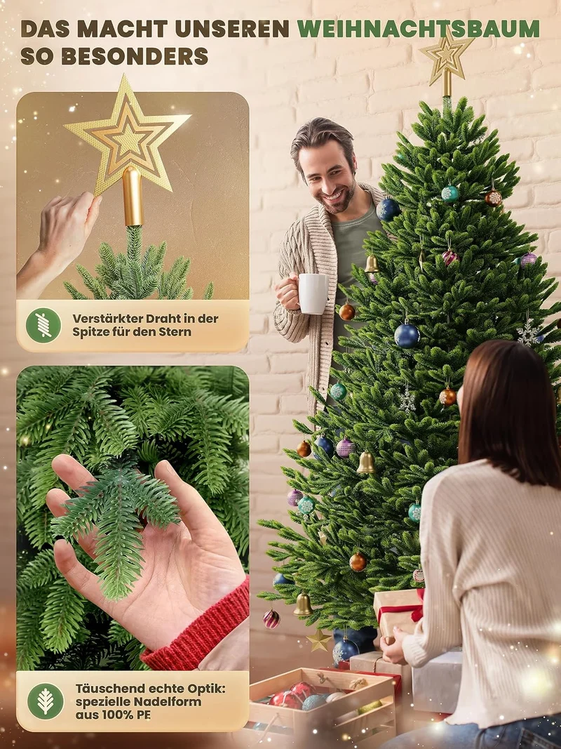 Künstlicher Weihnachtsbaum – 100 % Spritzguss Nordfichte mit LED | Premium Tannenbaum naturgetreu inkl. FSC-Holzständer & Aufbewahrungstasche