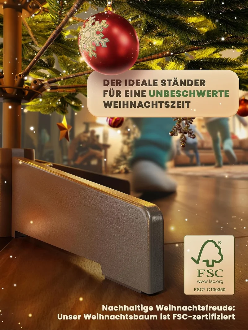 Künstlicher Weihnachtsbaum – 100 % Spritzguss Nordfichte mit LED | Premium Tannenbaum naturgetreu inkl. FSC-Holzständer & Aufbewahrungstasche