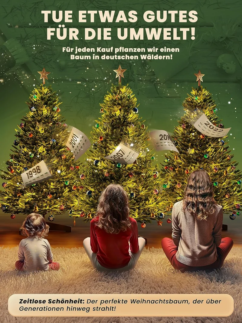 Künstlicher Weihnachtsbaum – 100 % Spritzguss Nordfichte mit LED | Premium Tannenbaum naturgetreu inkl. FSC-Holzständer & Aufbewahrungstasche