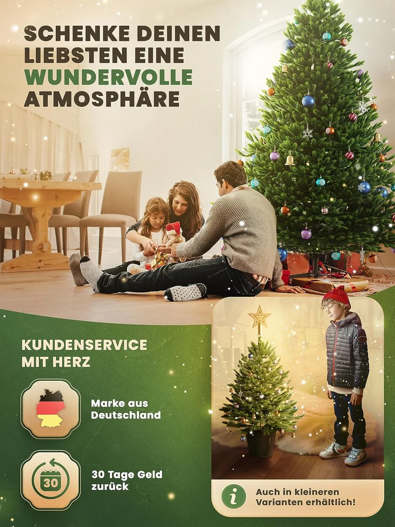 Künstlicher Weihnachtsbaum – 100 % Spritzguss Nordfichte mit LED | Premium Tannenbaum naturgetreu inkl. FSC-Holzständer & Aufbewahrungstasche