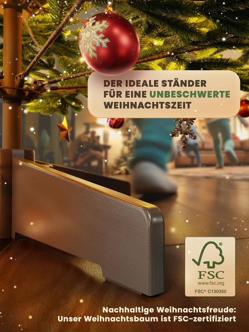 Künstlicher Weihnachtsbaum – 100 % Spritzguss Nordfichte mit LED | Premium Tannenbaum naturgetreu inkl. FSC-Holzständer & Aufbewahrungstasche