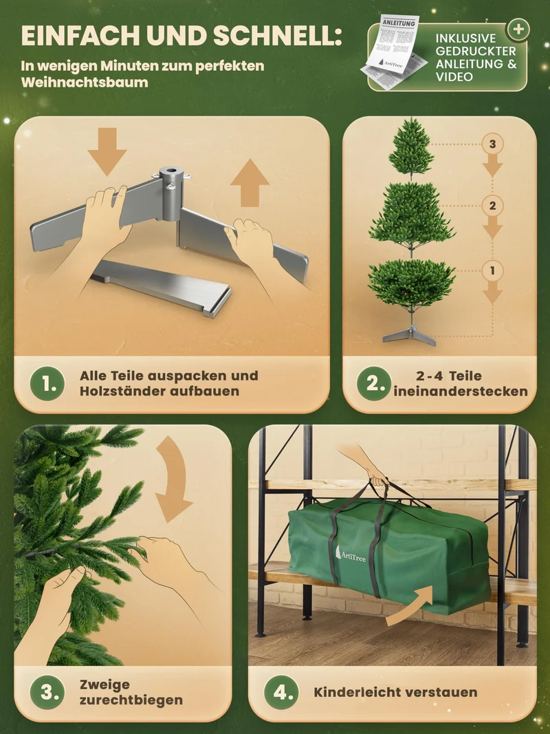 Künstlicher Weihnachtsbaum – 100 % Spritzguss Nordfichte mit LED | Premium Tannenbaum naturgetreu inkl. FSC-Holzständer & Aufbewahrungstasche